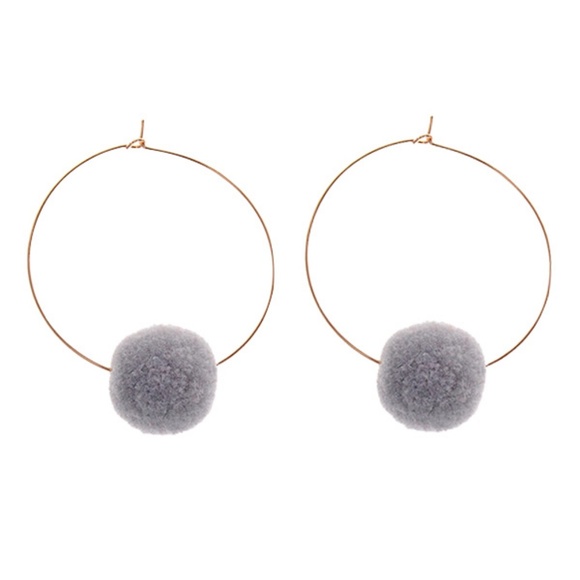 Fuzzy Ball Round Hoop Earrings - Gray - Picture 3 of 5